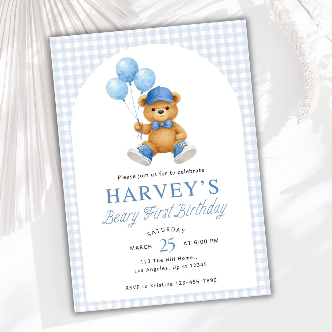 Teddy Bear Beary First Blue Balloon 1st Birthday Invitation (editable ...