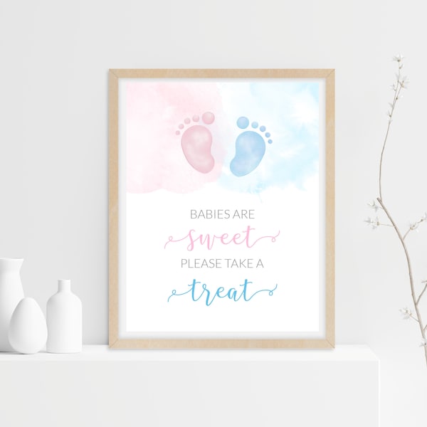 Babies are Sweet Treat Sign, Blue or Pink footprints Gender Reveal, Gender Reveal Party Signs, Pink Blue Baby Shower Printable, DIGITAL FILE