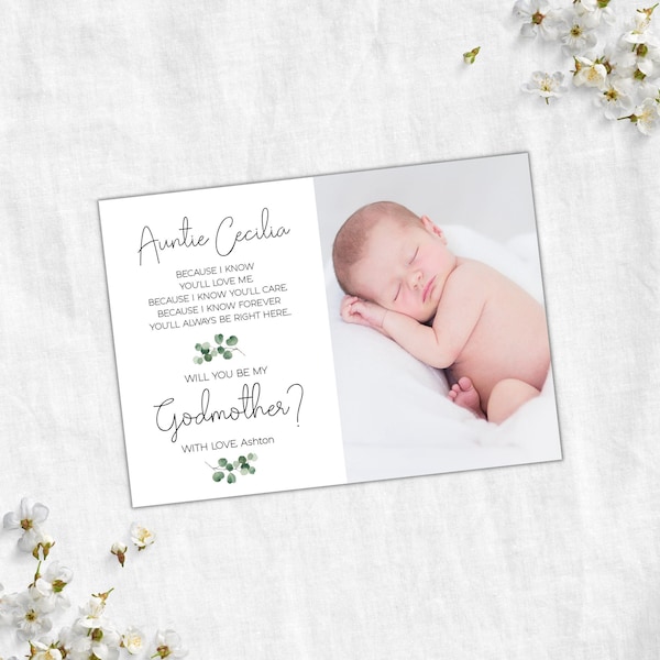 Will you be my godmother editable template with photo, Greenery Minimalist Will You be my Godmother Proposal, godparent poem card minimalist