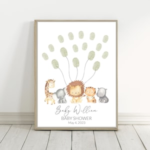Dschungel Tiere Fingerabdruck-Gästebuch Benutzerdefinierter Fingerabdruckbaum Safari-Babyparty, personalisiertes Gästebuch Alternative Safari-Geburtstags-Andenken