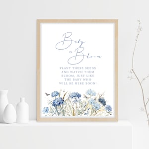Letrero de recuerdo de semillas de bebé en flor, letrero de recuerdo de semillas azules, obsequios de fiesta de semillas de flores silvestres para imprimir, letrero de recuerdo de paquete de semillas de flores silvestres