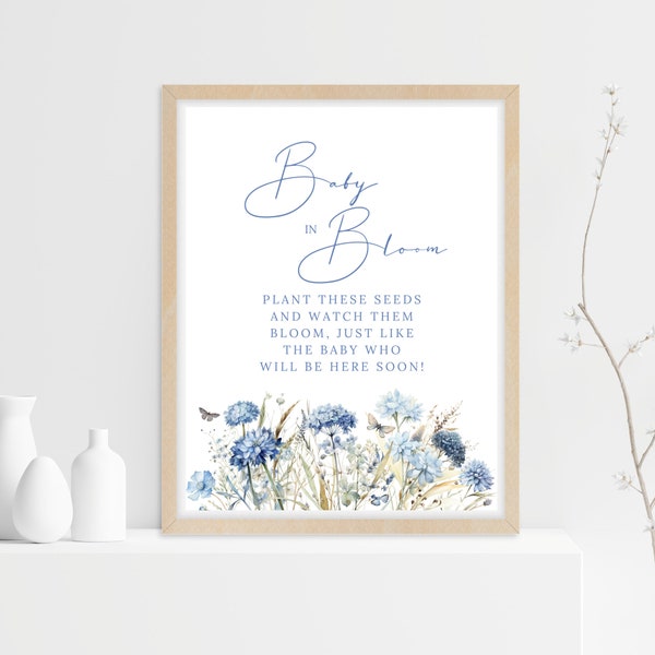 Baby in Bloom Seed Favor Sign, Blue Seed Favors Sign, Wildflower Seed Party favours Party Gift Printable, wild flower seed packet favor sign