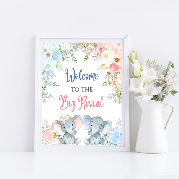 Welcome to the Big Reveal sign, Blue or Pink Elephant Gender Reveal, Gender Reveal Party Signs, Reveal Welcome, Printable, Instant Download