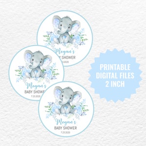 Tagi upominkowe w kształcie słonia, spersonalizowane etykiety niebieski kwiatowy słoń, okrągłe drukowane etykiety upominkowe dla chłopca na baby shower z kwiatowym niebieskim słoniem, DO DRUKU