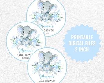 Elephant Favor Tags, Personalized Labels Blue Floral Elephant, Circle Printable Boy Baby Shower Floral Blue Elephant Favor Tags, PRINTABLE