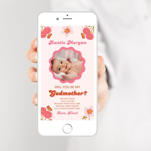 Você será minha madrinha Modelo digital, proposta de madrinha de bebê retrô rosa bacana para telefone, proposta de batismo, mensagem de texto Canva
