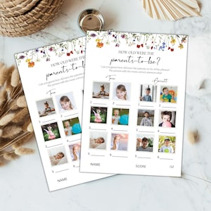 Gioco fotografico "Quanti anni dovevano avere i genitori", gioco per baby shower con fiori di campo, indovina l'età, gioco stampabile "Quanti anni", gioco per indovinare l'età