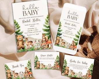 Könnte beinhalten: Ein Satz druckbarer Babyparty-Einladungen mit Waldthema. Die Einladungen zeigen einen Braunbären, ein Reh, ein Kaninchen und Pilze in einer Waldlandschaft. Der Text auf den Einladungen lautet "hello baby" und "Feiern Sie mit uns eine Babyparty zu Ehren von Rachel Hollis".