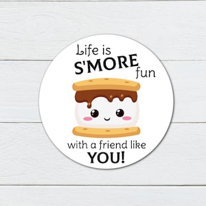 May include: A white circle sticker with a cartoon s'more graphic and the text "Life is S'MORE fun with a friend like YOU!"
