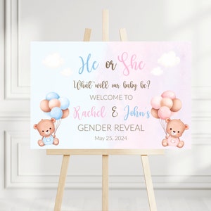 Bear gender reveal welcome sign, Custom Teddy bears welcome, Bear with Balloons welcome printable, Welcome to our gender reveal backdrop