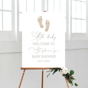Oh Baby Welcome Sign, Boho Gender Neutral Baby Footprint Baby Shower Welcome, Brown neutral Welcome to Baby Shower Sign, Printable