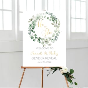 Printable Greenery Gold Gender Reveal welcome sign, he or she, Green leafs sign, Baby shower, Gender Reveal Poster, Printable Digital