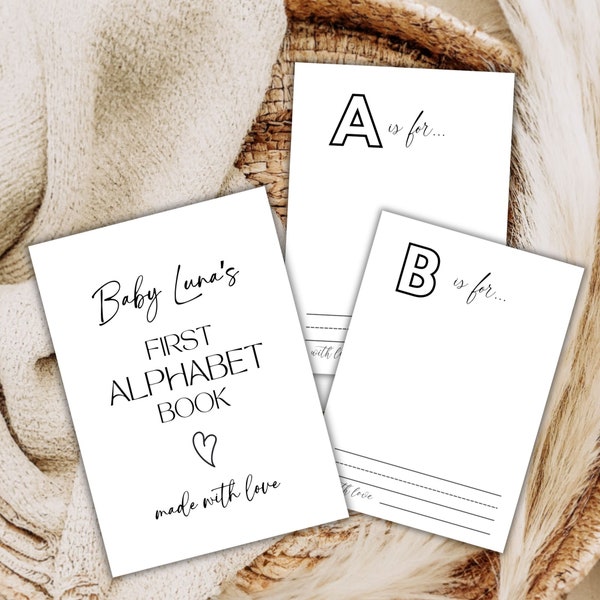 Editable Baby Shower ABC Book, Baby Shower Activity, First Alphabet, Simple Printable Baby's First ABC Book, Alphabet Cards Baby ABC Game