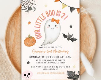 May include: A Halloween-themed invitation card featuring a friendly ghost, pumpkin, and bat. The text says "Our Little Boo is 2!" and provides details for Emma's 2nd birthday, including the date, time, and address.