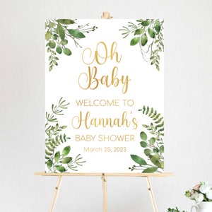 PRINTABLE Greenery Oh Baby Welcome Sign, Baby Shower Welcome Sign, DIGITAL Green Gold Welcome Baby Shower Sign, Printable Eucalyptus Shower