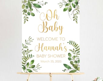 PRINTABLE Greenery Oh Baby Welcome Sign, Baby Shower Welcome Sign, DIGITAL Green Gold Welcome Baby Shower Sign, Printable Eucalyptus Shower