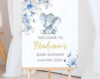 PRINTABLE Blue Elephant Baby Shower Welcome Sign, DIGITAL Personalized Boy Shower Sign, Shower Sign, Blue and Gold Welcome Sign, Printable