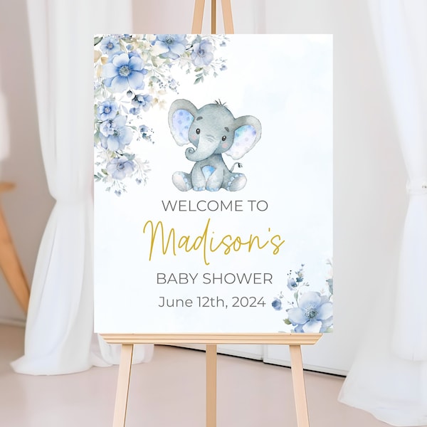 PRINTABLE Blue Elephant Baby Shower Welcome Sign, DIGITAL Personalized Boy Shower Sign, Shower Sign, Blue and Gold Welcome Sign, Printable