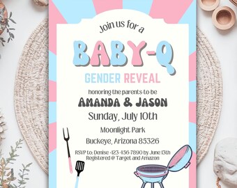 Baby Q Gender Reveal Invitation: Editable Groovy BBQ Garden Party (Canva)