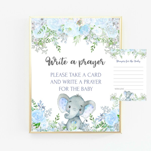 Write a Prayer Sign, Blue Elephant Sign, Prayers For The Baby, Printable Blue Elephant Baby shower Sign, Wishes for the Baby, DIGITAL