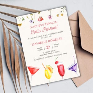 Invitación a fiesta de jubilación: Adiós tensión, hola pensión. Fiesta de cumpleaños con temática de bebidas. Plantilla floral editable.