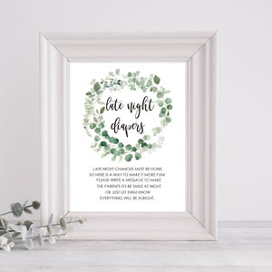Late Night Diapers, Late Night Diaper Greenery Sign, Diaper Thoughts, Greenery Baby Shower Games, Diaper Game, Nappy Game, Instant download