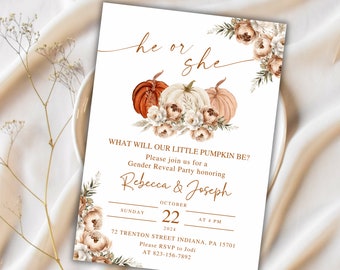 May include: A gender reveal party invitation with the text "he or she" in elegant script. The invitation features watercolor pumpkins in orange, white, and peach, with floral accents. The text reads "What will our little pumpkin be?" and includes event details.