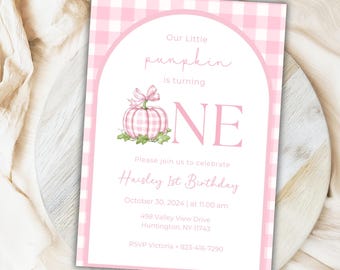 Pink Gingham Pumpkin Birthday Invitation: Fall Watercolor (Editable, Digital Download)