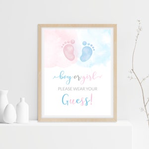 Cartello "Maschile o femminile, indossa il tuo indovinello", impronta blu o rosa per rivelare il sesso del bambino, cartelli per la festa di rivelazione del sesso del bambino, indossa il tuo indovinello, stampabile