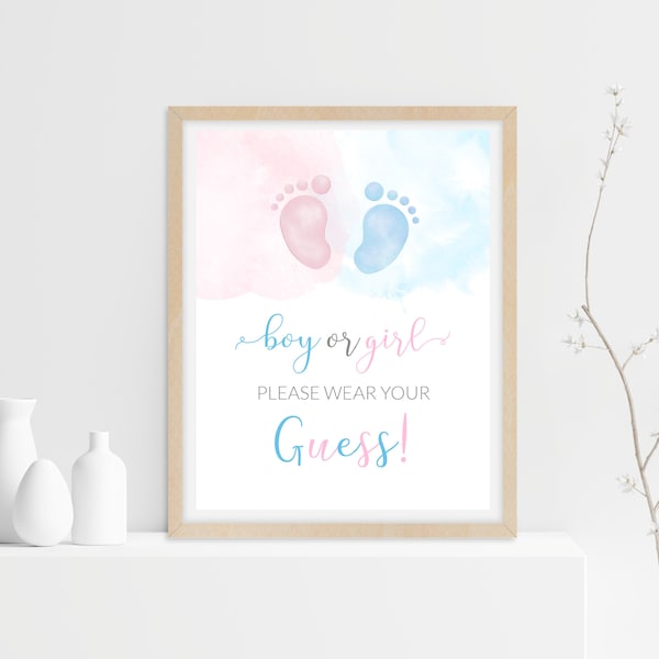 Boy or Girl Please Wear Your Guess Sign, Blue or Pink Footprint Gender Reveal, Gender Reveal Party Signs, Wear Your Guess, Printable