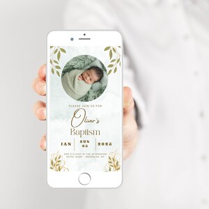 Taufe Fotoeinladung Vorlage Greenery, Taufe Evite, geschlechtsneutrale, minimalistische bearbeitbare Vorlage für Textkarten, Canva