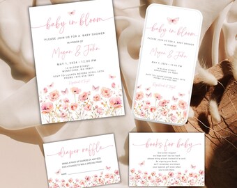 May include: Baby shower invitation cards with a pink floral design and butterflies. The text reads "baby in bloom" and includes the names Megan & John, the date and time of the shower, and the address. There are also cards for a diaper raffle and a book request.