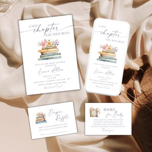 Märchenbuch-Thema Babypartyeinladungssatz, bearbeitbar, Bibliothekseinladung, neues Kapitel-Babypartyeinladung, Bücher für Baby, Windelverlosungskarten