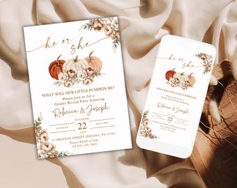 Pumpkin Gender Reveal Invitation: Neutral Watercolor Design (Digital File, Printable 5x7 & Mobile Template)