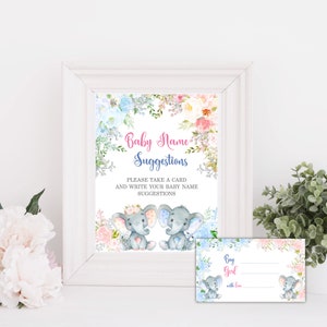 Baby Namen Vorschläge Gender Reveal Printable, Elefant Baby Namen Ideen Baby Name Ideen Spiel Zeichen und Karte Gender Reveal sofort download
