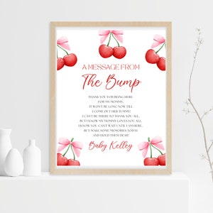 Mensagem da colisão editável, 5x7 e 8x10, placas de chá de bebê para impressão com laço de cereja, ARQUIVO DIGITAL, mensagem da colisão, rosa vermelho cereja doce