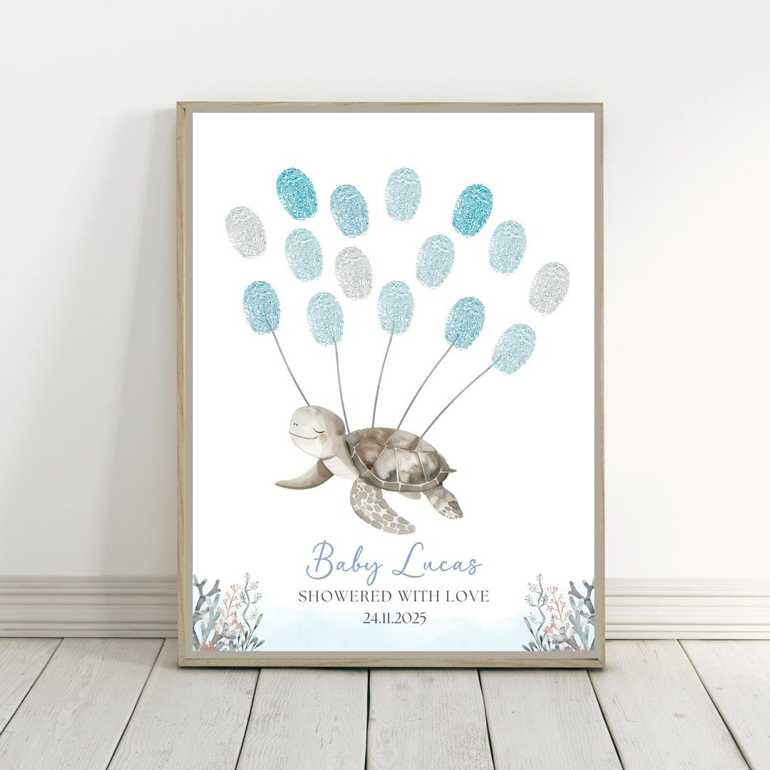Sea Turtle Thumbprint Custom Fingerprint Tree Under the Sea Baby Shower ...