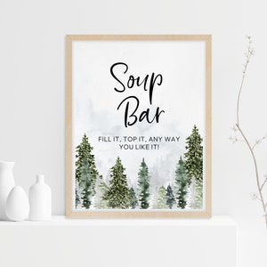 Letrero de barra de sopa imprimible, decoración de fiesta en el bosque, decoración de mesa de baby shower con temática de montaña y género neutro, letrero de barra con temática de montaña