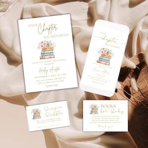 Verhalenboekthema Gouden uitnodigingsset babyshower, bewerkbaar, bibliotheekuitnodiging, nieuw hoofdstuk babyshower, boeken voor baby, luierloterijkaarten