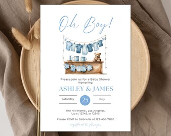 Oh Boy Blue Baby Shower Invitation, hello baby party invite, Boy Clothesline Bear Baby Shower Party Theme Editable Digital Template Canva