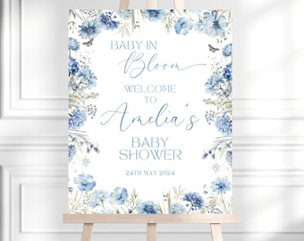 Baby in Bloom Welcome Sign: Dusty Blue Wildflower Baby Shower (Digital)
