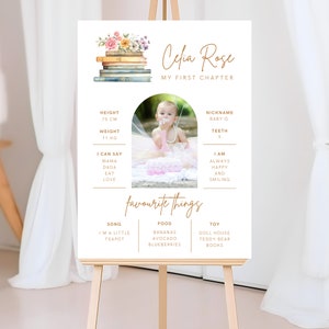 Panneau MODIFIABLE pour le premier anniversaire, affiche du livre de contes pour le 1er anniversaire, panneau d'un an avec photo en arche pour bébé