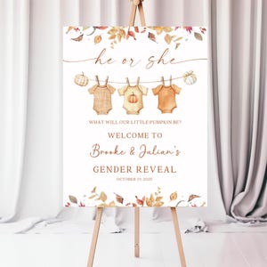 Pumpkin Gender Reveal Welcome Sign: Baby Clothes, He or She (Digital File)