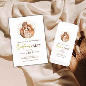 May include: A white Christmas party invitation with a gold border and a watercolor illustration of the Holy Family. The text reads "Please join us for the Clark family Christmas Party, Saturday, December 18 at 5:00pm, Hosted by Alli and Ben Clark, 2900 Hanover Road, Long Beach, NY 11501, Please RSVP to Maria 546-978-1857."