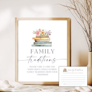 Teken en kaart familietradities, babyshower met verhalenboekbibliotheekthema, deel een herinnering, jeugdherinnering, directe download