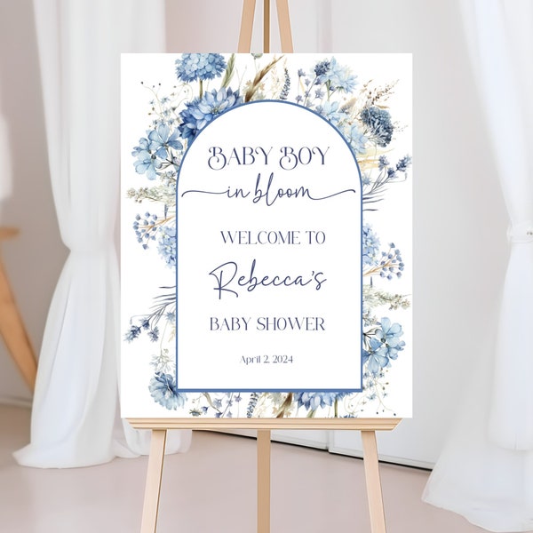 Baby boy in bloom Wildflower Welcome Sign, Dusty blue wildflower Sign, baby in bloom sign boy Shower Sign, DIGITAL, baby in bloom wall decor