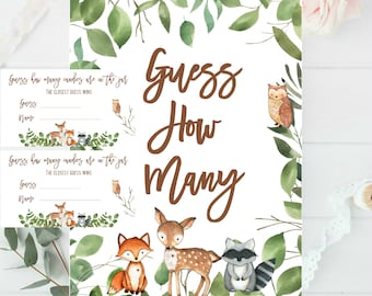 Gra na baby shower w lesie: Zgadnij, ile cukierków (do wydrukowania, do pobrania natychmiast)