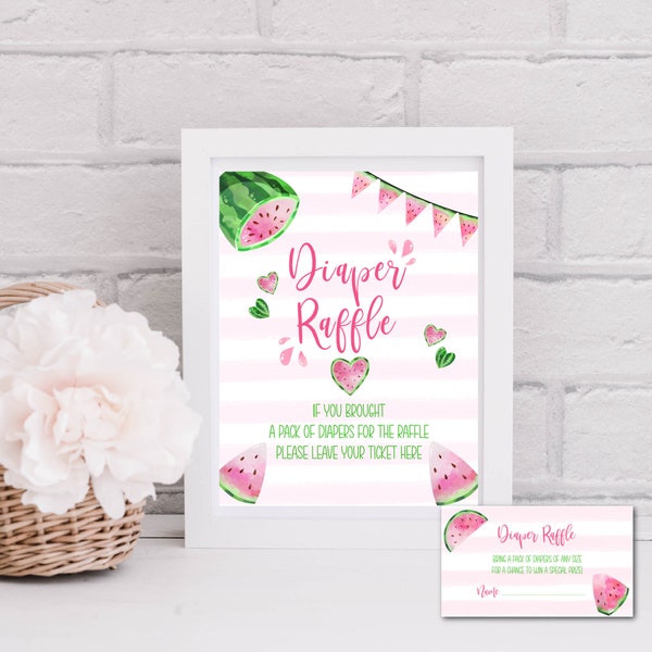 Watermelon Diaper Raffle Sign Printable, Diaper Raffle Tickets for Girl Baby Shower, Diaper Raffle Sign and Tickets, INSTANT DOWNLOAD