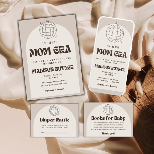 Mom era Invitation Set Editable, In my mama era, Disco Ball invitation, trendy modern baby shower invite, Gender neutral, Canva template