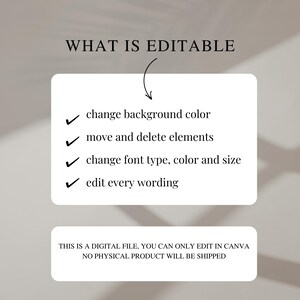 May include: A white rectangular graphic with the black text WHAT IS EDITABLE and a curved arrow pointing to a list of features: change background colour, move and delete elements, change font type, colour and size, and edit every wording.